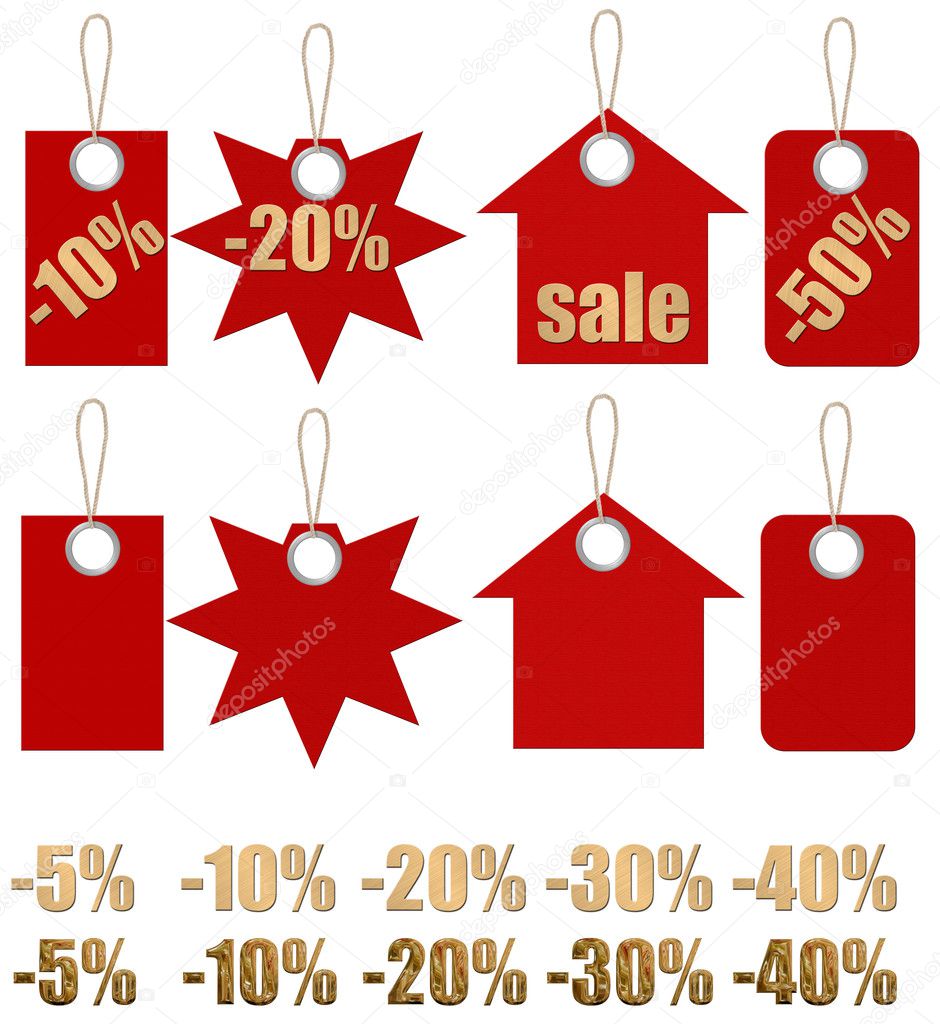 Set of labels on ropes with percent discounts. Part 1