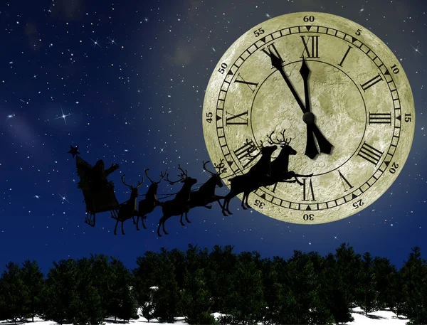 Babbo Natale sulla slitta con cervo contro la luna luminosa con arr — Foto Stock