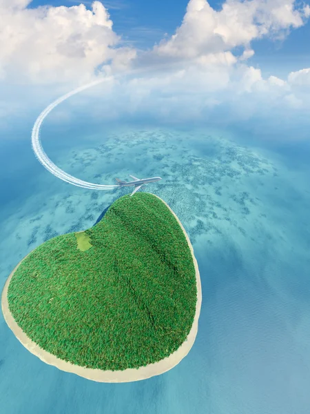 stock image Island in the form of heart and the flying plane