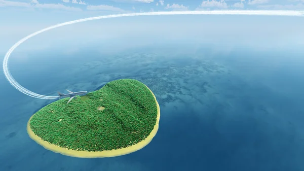 Island in the form of heart and the flying plane — Stock Photo, Image
