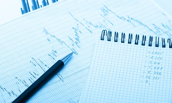 Ekonomisk rapport blå tonad och penna — Stockfoto