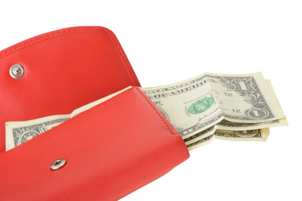 Stock image Red leather wallet with dollars and credit card