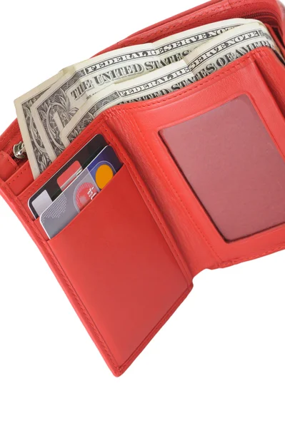 달러와 신용 카드와 함께 빨간 가죽 지갑 — 스톡 사진