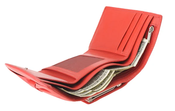 Rote Ledertasche mit Dollars und Kreditkarte — Stockfoto