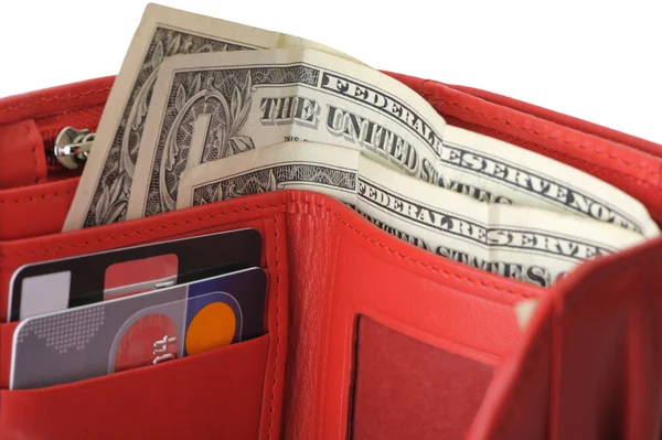 stock image Red leather wallet with dollars and credit card