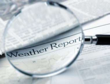 Loupe lies on the newspaper with title Weather report. Blue tone clipart