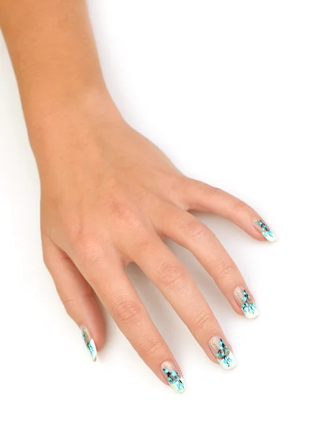 Ręka z manicure z bliska. rysunek oddziału z blu — Zdjęcie stockowe