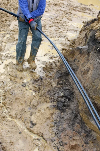 Installation of geothermal pipes in the ground — Stock Photo, Image