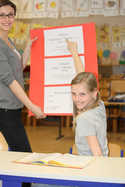 Profesora de alemán y alumna horas en el aula para aprender juntos —  Fotos de Stock