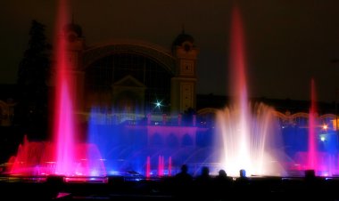 Night show at Krizik singing fountains in Prague. clipart