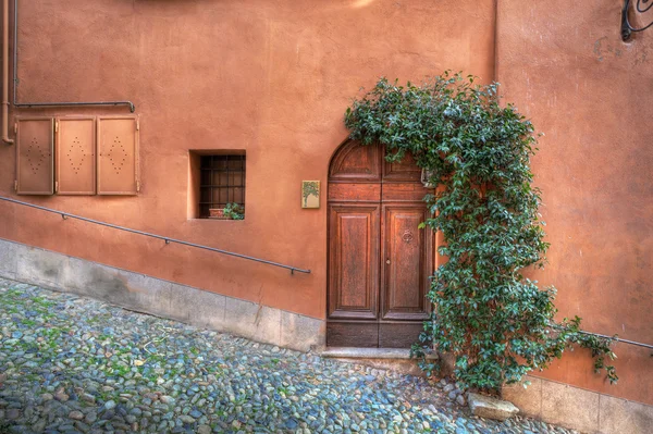 Houten deurtje op de roestig gekleurde muur. — Stockfoto