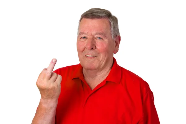 Senior zeigt Zeigefinger — Stockfoto
