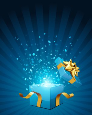 Open blue explore gift with fly stars clipart