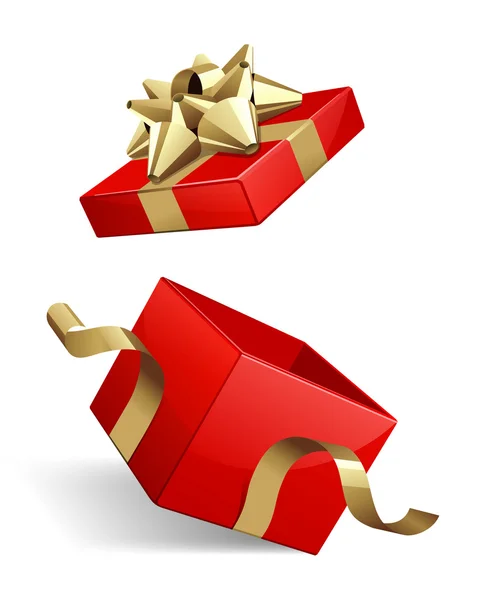 Otevřít prázdný červený dárek s zlatým lukem — Stockový vektor