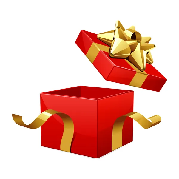 Nyitott üres piros ajándékdoboz arany — Stock Vector