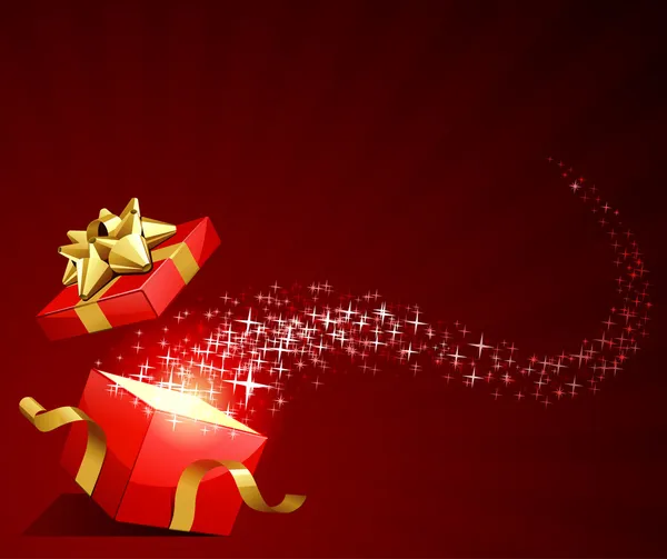 Ouvert rouge explorer cadeau avec des étoiles de mouche — Image vectorielle