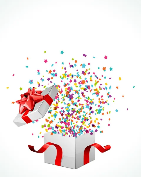 Ouvrir blanc explorer cadeau avec des étoiles de mouche — Image vectorielle