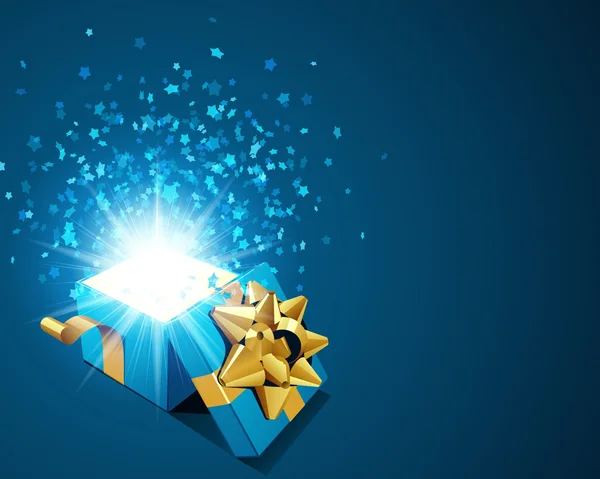 Ouvrir bleu explorer cadeau avec des étoiles de mouche — Image vectorielle