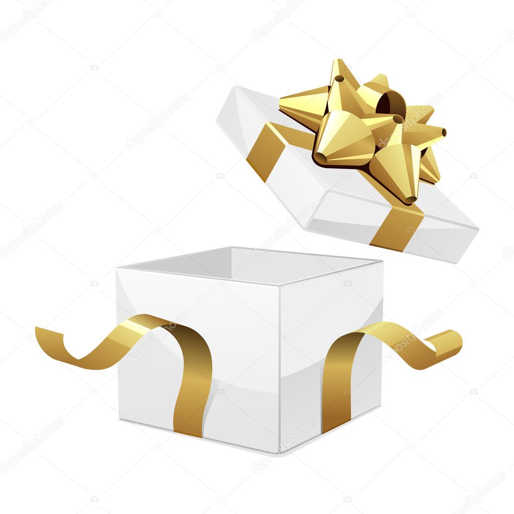 Open empty white gift with gold bow