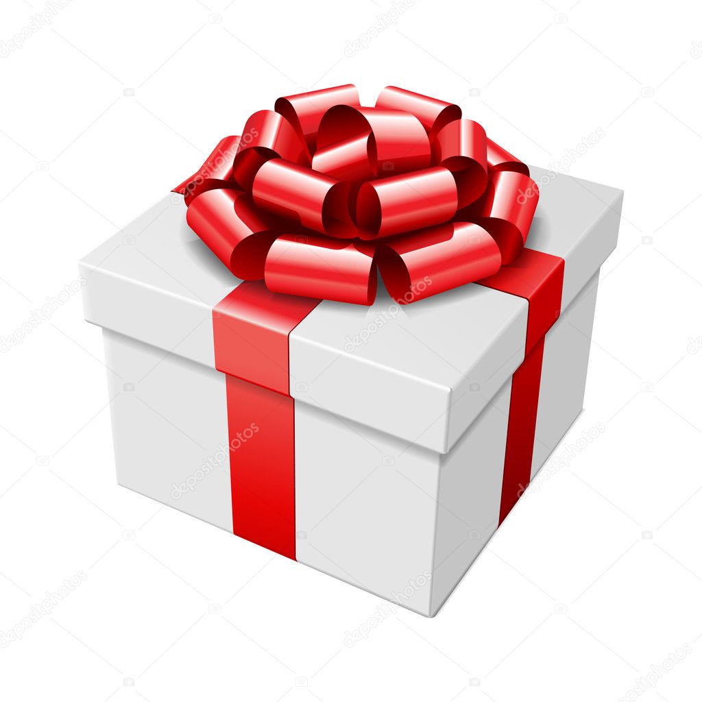 White gift box with red bow