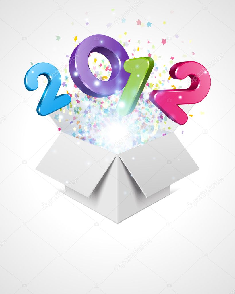 Happy new year 2012 3d message fly from open box