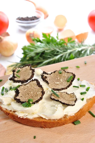 Grated summer truffle with soft cheese on a slice of bread — Stock Photo, Image