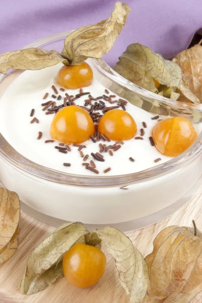 Fresh yogurt with physalis and chocolate sprinkles — Stock Photo, Image