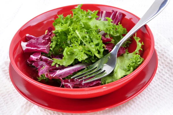 Ensalada de hojas mixtas en un tazón rojo listo para comer y un tenedor —  Fotos de Stock