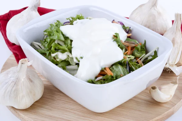 Szezonális salátával, joghurtos-fokhagymás öntettel egy fehér tál — Stock Fotó