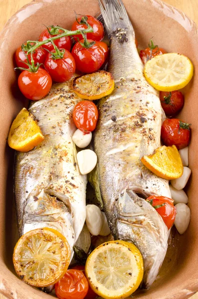 Två bakad havsabborre i en cassarolle med tomat och vitlök — Stockfoto