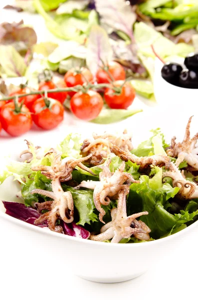 Lulas grelhadas com salada fresca em uma tigela branca — Fotografia de Stock