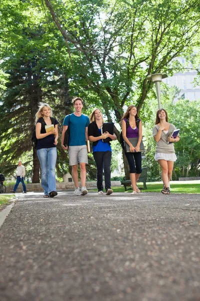 Estudantes felizes andando no campus — Fotografia de Stock