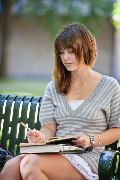 Estudiante joven escribiendo al aire libre — Foto de Stock