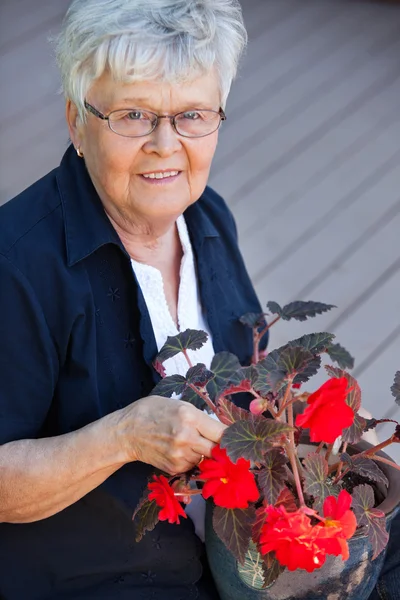 Elderly woman with flower pot — Stock Photo, Image