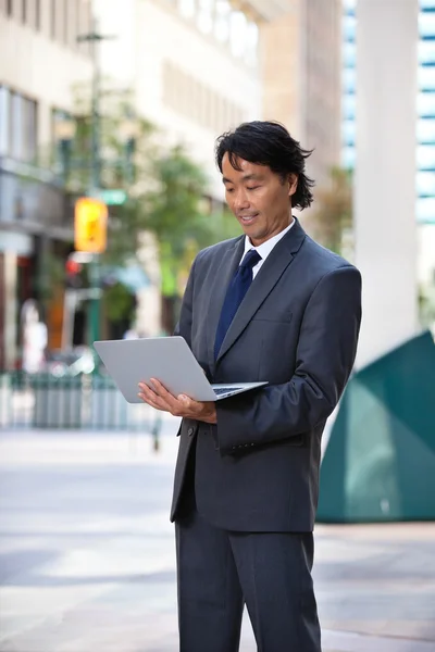 Hombre de negocios sonriente usando laptop — Foto de Stock