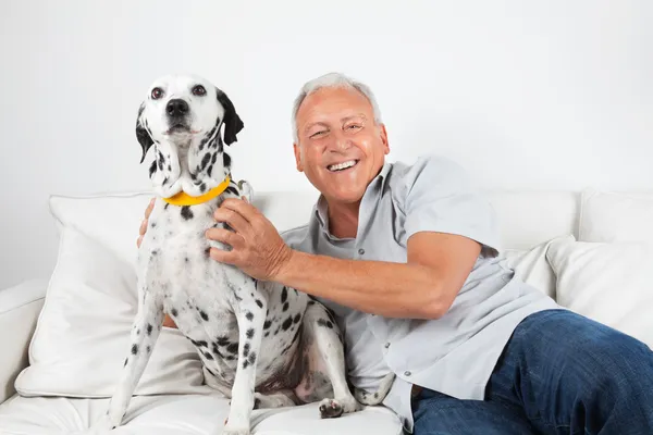 Hombre mayor sentado con su perro — Foto de Stock