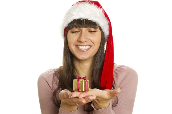 Karácsonyi nő ajándék mosollyal — Stock Fotó