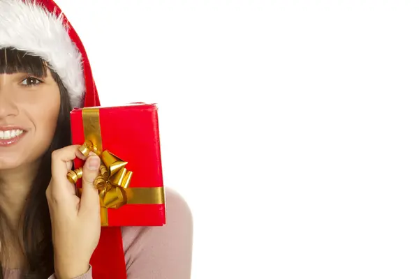 Mujer de Navidad con el regalo sonriendo —  Fotos de Stock
