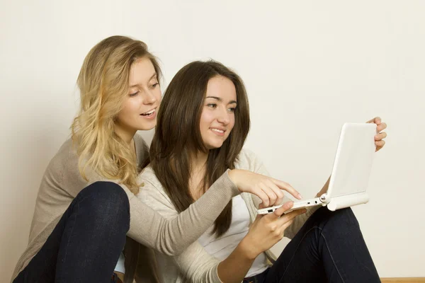 Två attraktiva vänner hemma med laptop — Stockfoto