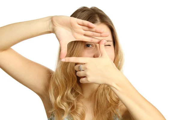 Mulher atraente fazendo moldura da mão — Fotografia de Stock