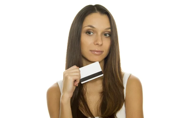 신용 카드를 들고 있는 젊은 여자 — 스톡 사진