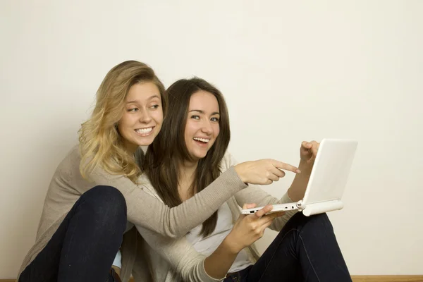Deux amis attrayants à la maison avec ordinateur portable — Photo