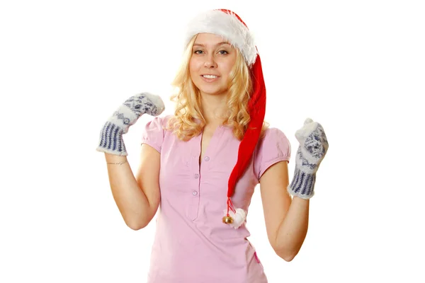 在温暖的手套和一顶红色的圣诞老人帽子的女人 — 图库照片