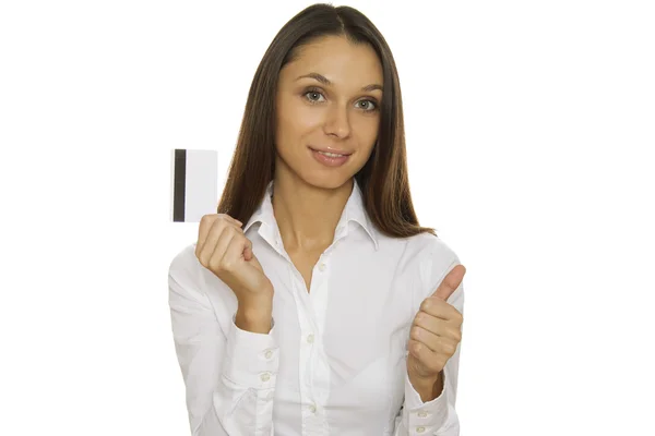 Genç iş kadını holding kredi kartı — Stok fotoğraf