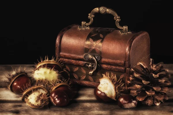 stock image An antique engraved wooden box with chestnuts and a pinecone