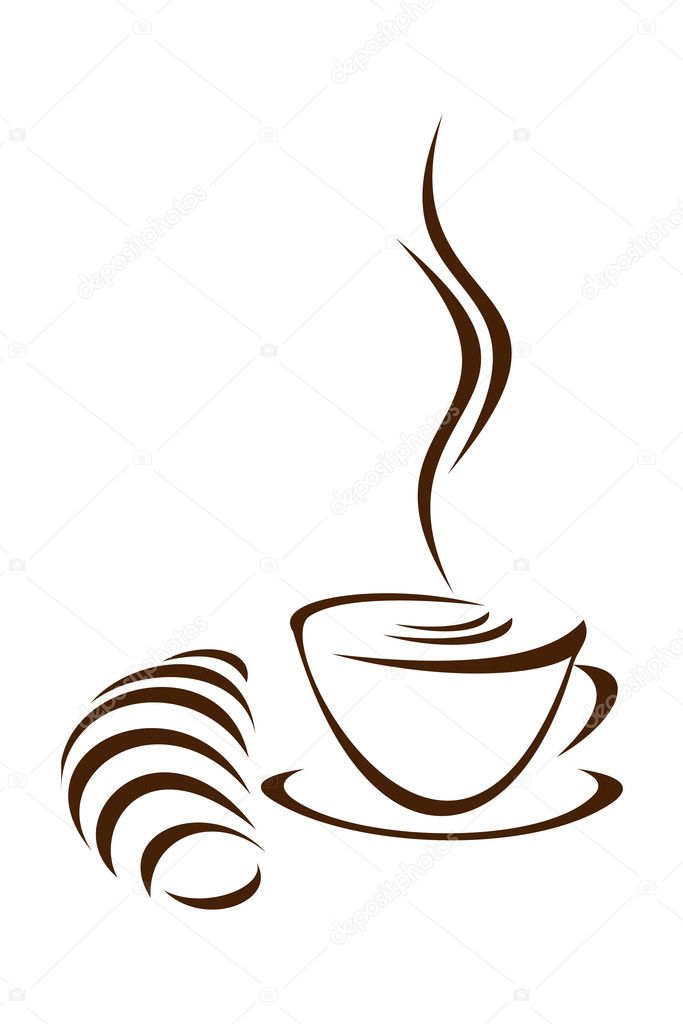 Cup of coffee and croissant on a white background.