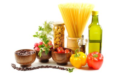 Fresh vegetables, pasta, spice and oil clipart