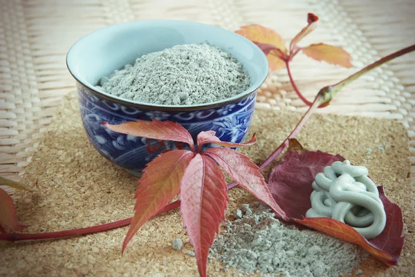 Porslin dricka skål med pulver av lera och beredd blandning — Stockfoto