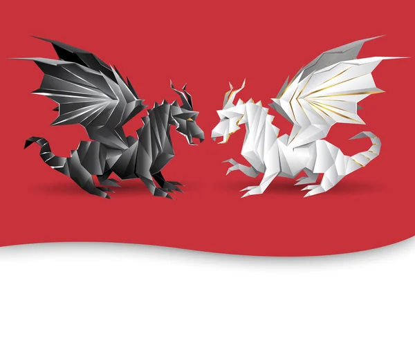 Preto e branco origami dragões no fundo vermelho — Vetor de Stock