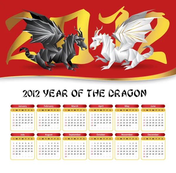 2012 calendario con dragones de origami — Archivo Imágenes Vectoriales